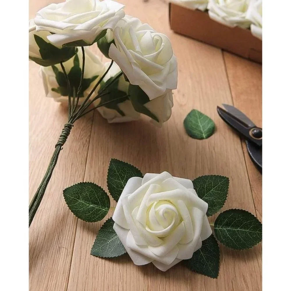 25 count | Ling’s Ivory Roses Faux Flowers Wedding Floral Bouquet Cream